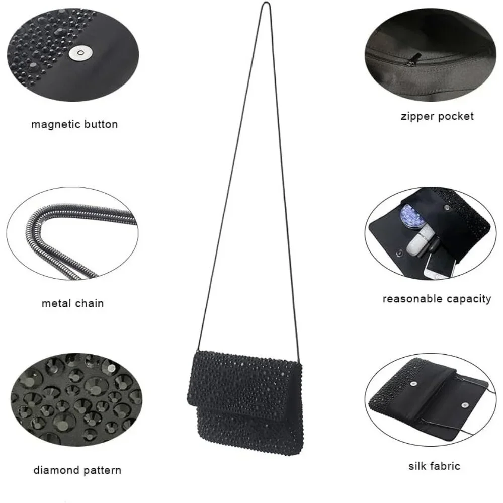 ⚡ Women's‎ Sparkling Black Evening Rhinestone Shoulder Chain Crystal Clutch Bag